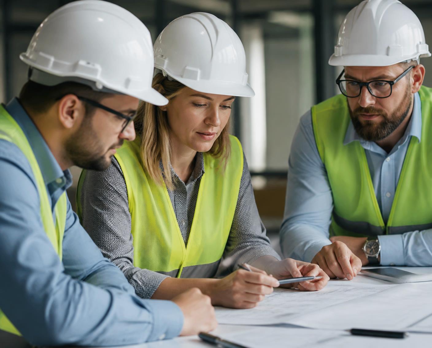 Engineers reviewing documents together
